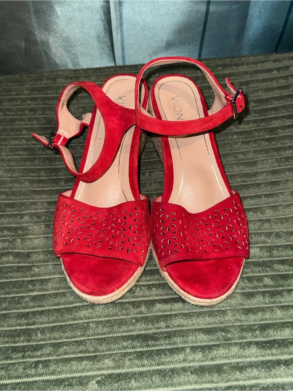 Vionic Red Suede Laser-Cut Espadrille Wedge Sandals